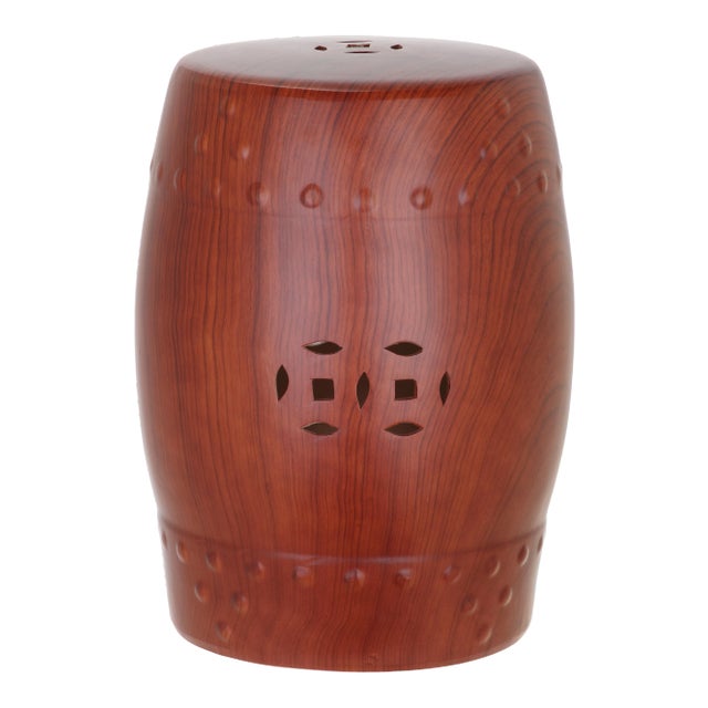 Indoor Ceramic Garden Stool in Red Faux Wood Finish For Sale
