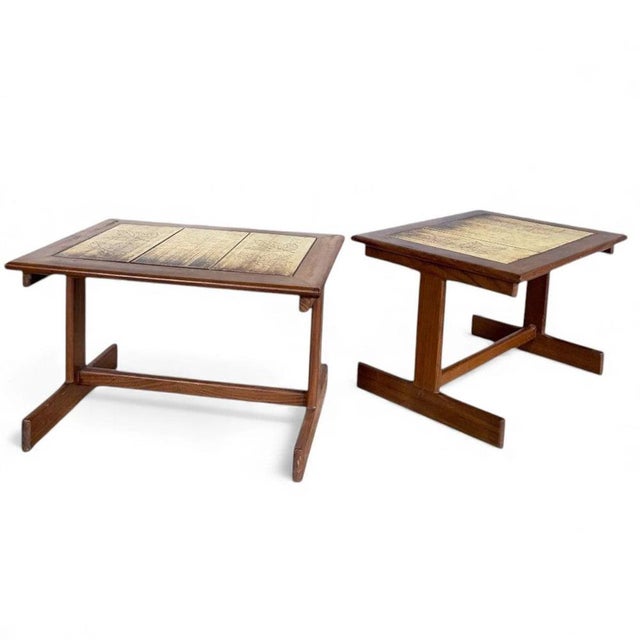 This mid century teak bedside table set offers a vintage retro ceramic tile top pair designed to enhance your bedroom or...
