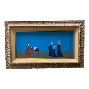 Large Signed Veniero Canevari Italian Surrealist “Priest at Piano & Choir Nuns” Painting