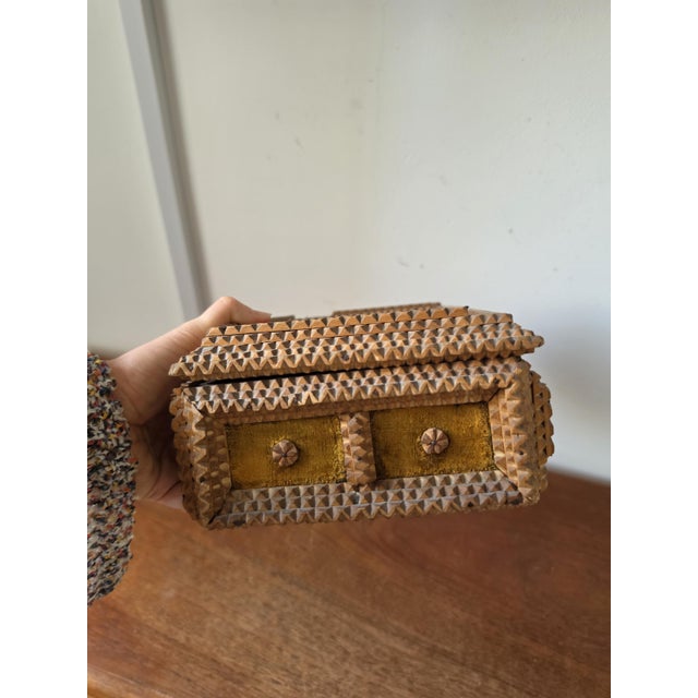 Antique Tramp Art Box Hand Carved Folk Art Keepsake Box Monogram R Velvet Jewelry Box Primitive Wooden Storage Decor For Sale - Image 11 of 15