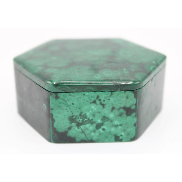 A stunning vintage hexagon shaped genuine malachite box. The colors are superb, emitting greenish turquoise hues. You will...