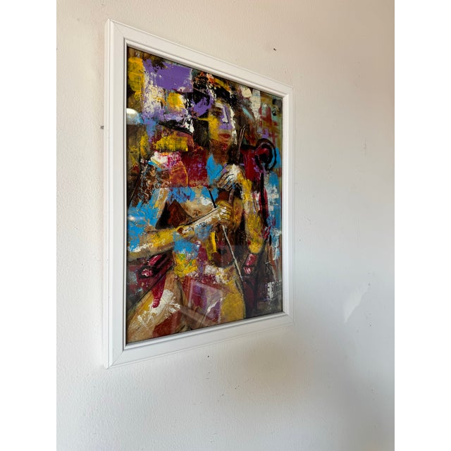 This dynamic vintage expressionist painting depicts a woman with a guitar, rendered in a bold and emotive palette....