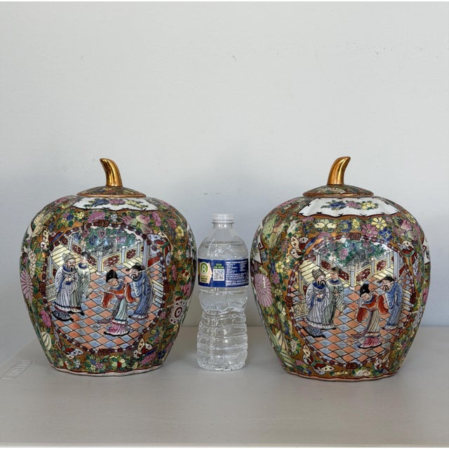 Pair of Vintage Chinese Famille Rose Medallion Pumpkin Form or "Melon-Ribbed" Body Ginger Jars With Gilded Stem Lids 10.5"h X 9"w For Sale - Image 4 of 12