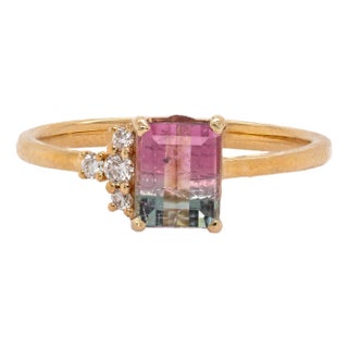 1ct Bi-Color Tourmaline and Earth Mined Accented Diamonds Ring in 14k Solid Gold For Sale