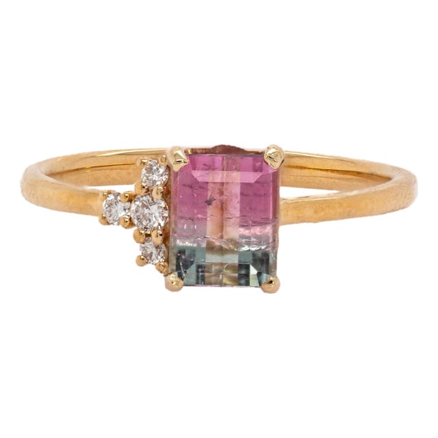 1ct Bi-Color Tourmaline and Earth Mined Accented Diamonds Ring in 14k Solid Gold For Sale