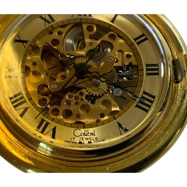 Vintage Colibri 17 Jewel Swiss Mechanical Skeleton Pocket Watch Gold Tone Made Usa 1970s-1980s For Sale In Palm Springs - Image 6 of 6