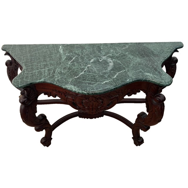 Green Vintage Victorian Rococo Revival Console Table Carved Mahogany, Green Marble Top For Sale - Image 8 of 13