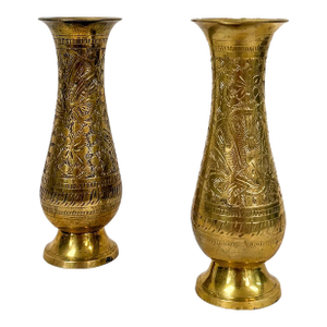 Pair of Vintage Hand Etched Brass Flower Vase Hollywood Regency Vessels MCM