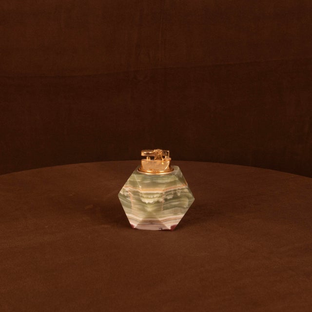 1970s Italian Geometric Green Onyx and Brass Table Lighter, 1970 For Sale - Image 5 of 15