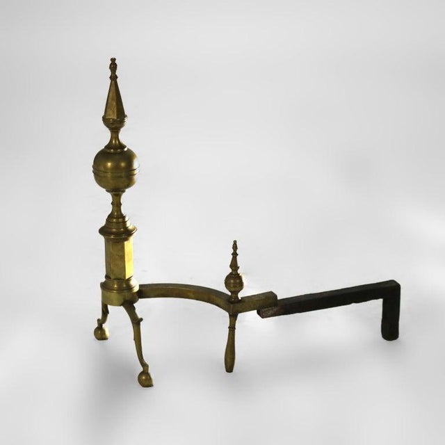 Traditional Pair Antique Federal Brass & Wrought Iron Lemon Top Andirons C1810 For Sale - Image 3 of 5