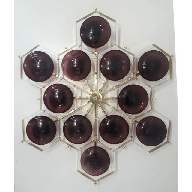Italian midcentury flush mount with twelve amethyst Murano glass shades carefully hand blown with bubbles inside the glass...