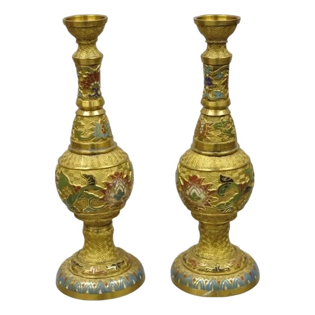 Vintage Japanese Cloisonne Enamel 13" Brass Bronze Candlestick Lamp Base - Pair For Sale