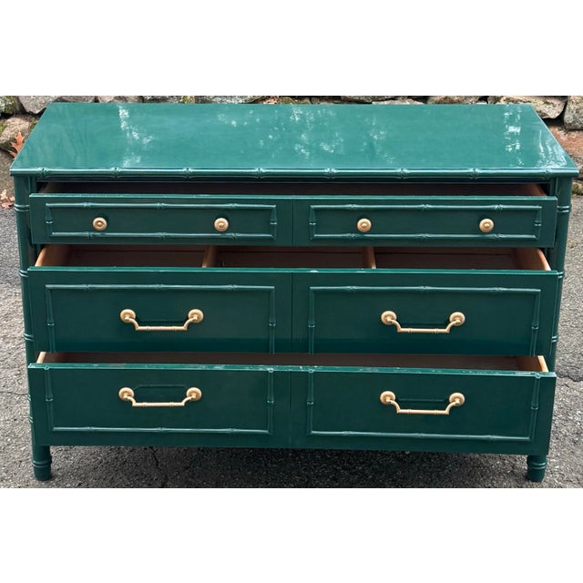 Hollywood Regency Thomasville Faux Bamboo Green High Gloss Three Drawer Dresser For Sale - Image 3 of 10
