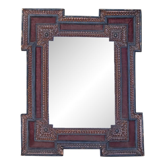 Antique French Tramp Art Mirror with Stepped Corners, circa 1900 For Sale