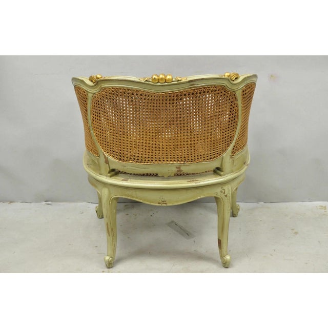 Vintage French Louis XV Style Green Painted Gold Gilt Cane Bergere Arm Chair For Sale - Image 14 of 17