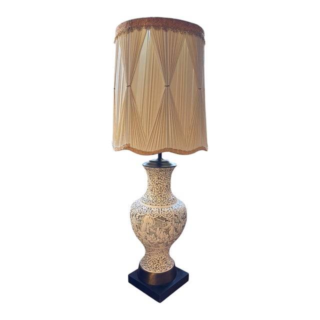 Vintage Asian Chinoiserie Relief-Carved Table Lamp With Pleated Shade For Sale