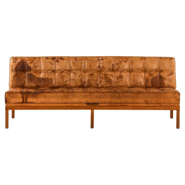 Sofa / daybed constanzebank in teak, steel and original patinated natural leather by johannes spalt, 1960's additional...
