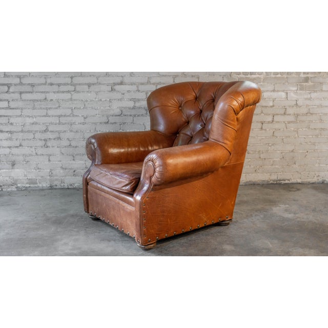 Restoration Hardware Churchill Cigar Leather Luxe Writer's Chair and Ottoman For Sale - Image 10 of 18