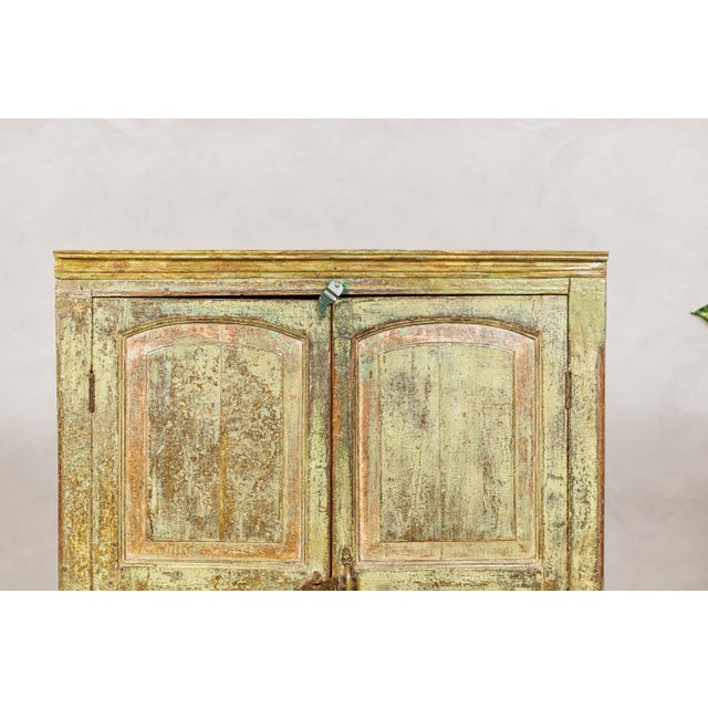 Wood Distressed Green Painted Indian Cabinet with Paneled Doors and Two Drawers For Sale - Image 7 of 12
