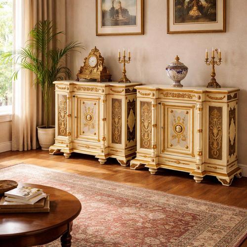 Pair of lacquered, carved, and gilded fir cupboards. The central body juts outward, featuring a paneled door with beaded...