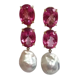 Christina Addison Elegant Three-Stone Drop Earring With Pink Topaz and Pearl - a Pair