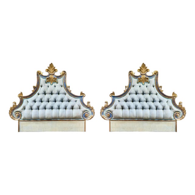 Antique Italian Gilded Twin Headboards With Tufted Upholstery, Pair For Sale