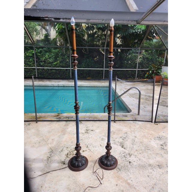 1920's Mizner Style Polychromed Pole Lamps sold as found in vintage condition without damage ..