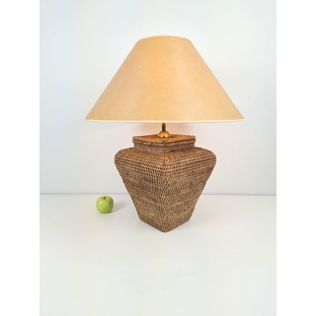 Boho Chic Large Hand Woven Wicker Rattan Table Lamp, France, 1970s For Sale - Image 3 of 8