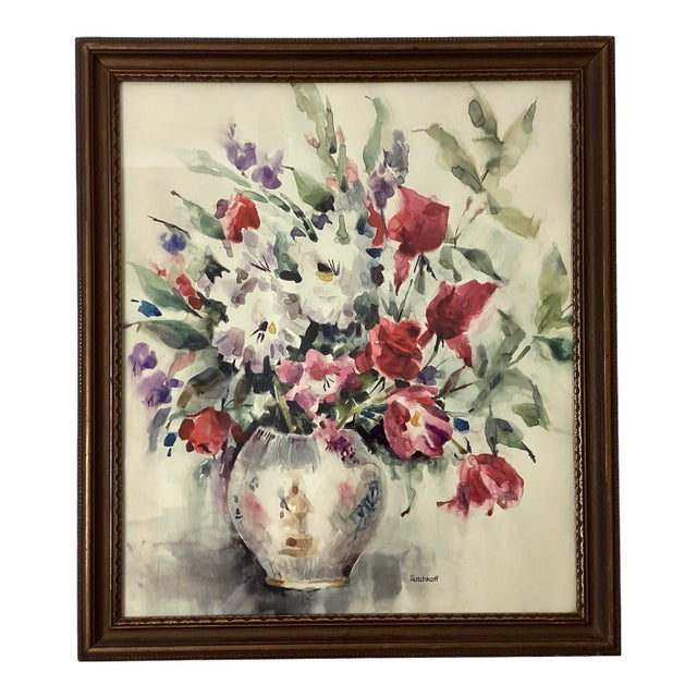 Vintage Signed S. Ritchkoff Watercolor Still Life – Vase of Flowers. For Sale
