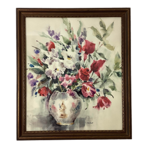 Vintage Signed S. Ritchkoff Watercolor Still Life – Vase of Flowers.