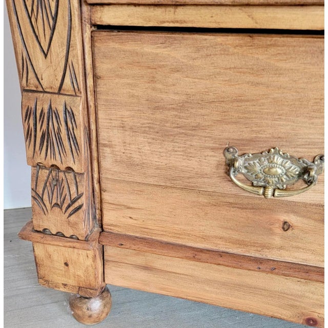 Brown Antique Scottish Pine 4 Drawer Chest of Drawers With Ornate Frame Moulding and Brass Handles From England - Circa 1880 For Sale - Image 8 of 13