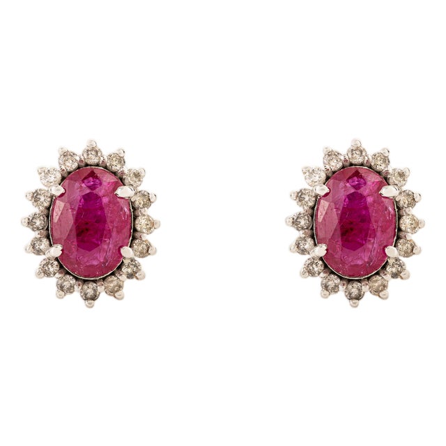 Natural 1.45 Carat Ruby Solitaire Halo Diamond Stud Earrings in 18k Solid Gold- 2 Pieces For Sale