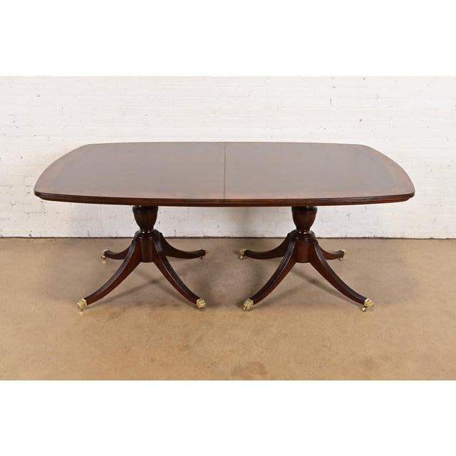 Wood John Widdicomb Georgian Banded Mahogany Double Pedestal Extension Dining Table, Newly Refinished For Sale - Image 7 of 14
