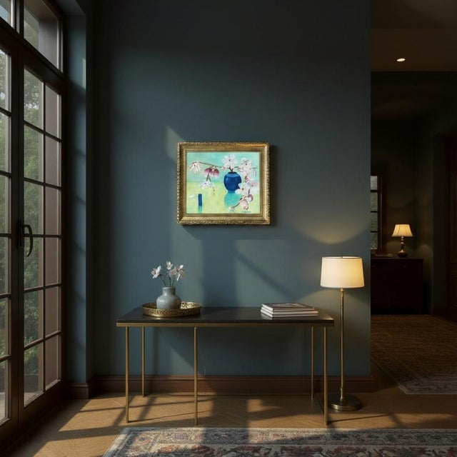 A graceful vintage still life featuring a vase of orchids rendered in a rich Art Deco–inspired style. The composition...