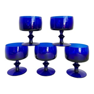 Mid-Century Modern Cobalt Blue Sculptural Stemmed Goblet Glasses, Set of 5 For Sale