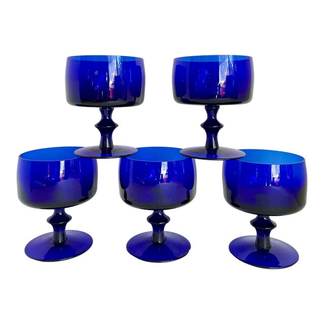 Mid-Century Modern Cobalt Blue Sculptural Stemmed Goblet Glasses, Set of 5 For Sale