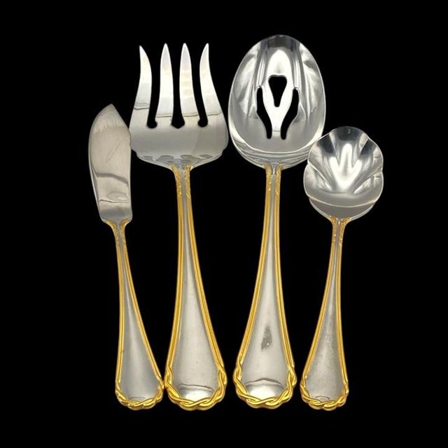 Yamazaki Tasha Gold Accent Stainless Flatware Hostess Set – Four Serving Pieces 1990’s For Sale - Image 16 of 16