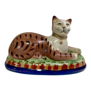 Vintage Staffordshire Recumbent Cat Mantle Statue Figurine Right Facing For Sale