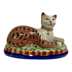 Vintage Staffordshire Recumbent Cat Mantle Statue Figurine Right Facing
