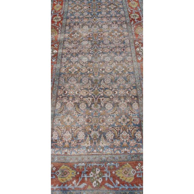 Antique Persian Malayer Gallery Runner With Allover Floral Motifs in Faded Blue For Sale - Image 9 of 12