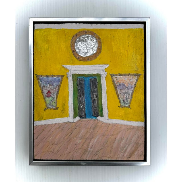 An a vibrant small mixed medium interior painting of a large English hall that has a whimsical perspective. The painting...