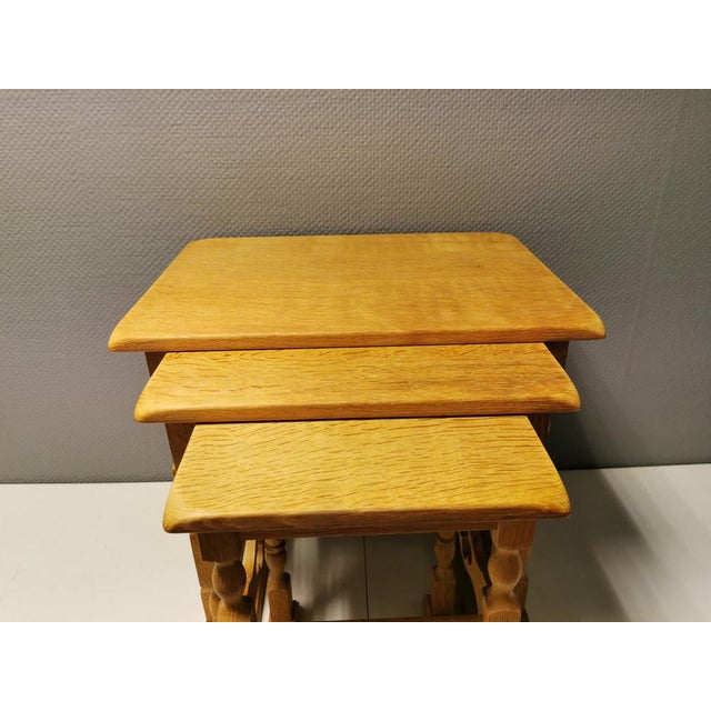 1960s Nesting Tables in Oak with Carvings attributed to Henry Kjærnulf for Nyrup Furniture Factory, Denmark, 1960s, Set of 3 For Sale - Image 5 of 14