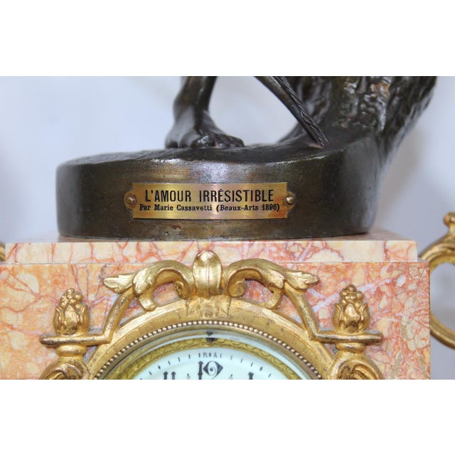 Antique French 1896 “Amour Irresistible” Angel Statue Pink Marble 3-Piece Clock Set For Sale - Image 17 of 17