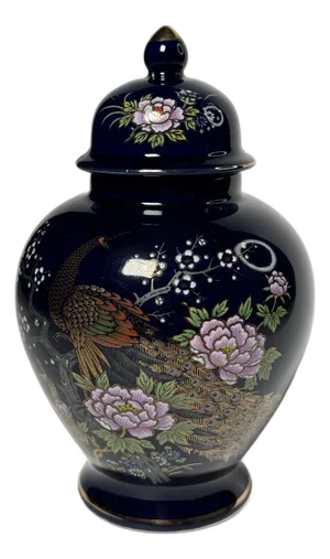 Vintage Japanese Asian Cobalt Blue LIdded Ginger Jar, Cobalt Blue, Lavender, Gold