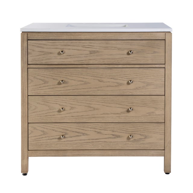 Wood Nora 36 in. W Quartz and Wood Single Sink 3 Drawer Bathroom Vanity Set, Light Oak For Sale - Image 7 of 11