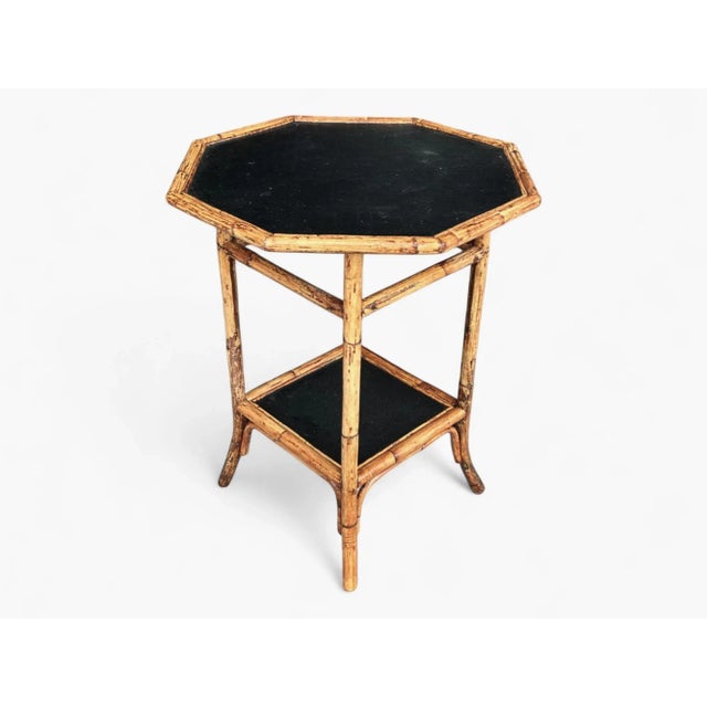Vintage Coastal Bamboo Octagonal End Table With Black Inset Shelves For Sale - Image 12 of 18