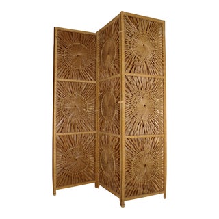 Vintage Mid Century Boho Sunburst Wicker Rattan Folding Screen Room Divider For Sale