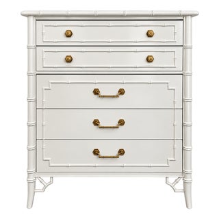 Vintage Thomasville Faux Bamboo Highboy Dresser With Chinoiserie Fretwork & Brass Hardware For Sale