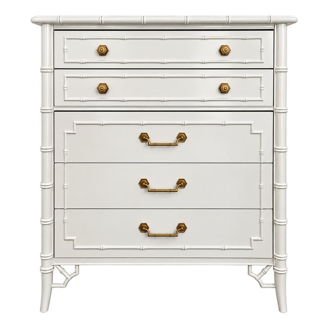 Vintage Thomasville Faux Bamboo Highboy Dresser With Chinoiserie Fretwork & Brass Hardware For Sale