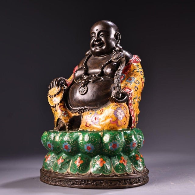 This is a finely crafted antique cloisonné enamel sculpture of Maitreya Buddha, commonly known as the laughing Buddha. The...